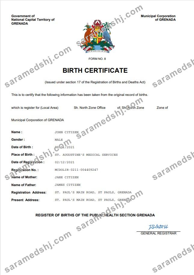 Grenada vital record birth certificate Word and PDF template